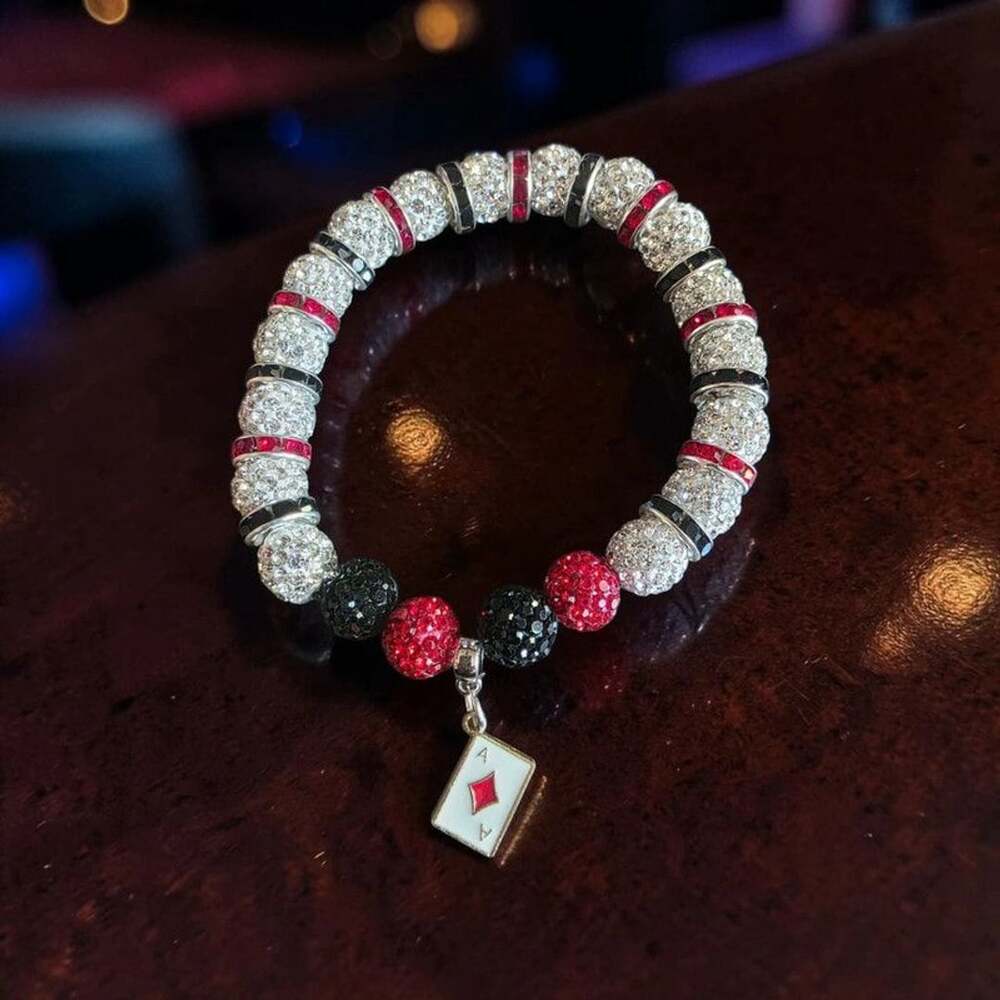 Crystal Pavรฉ Disco Ball Stretch Bracelet Red Black Ace of Diamonds Charm